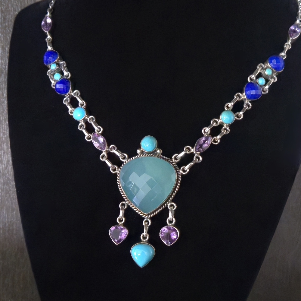 Nicky Butler 925 Sterling Silver Aqua Chalcedony Turquoise Designer NB Necklace